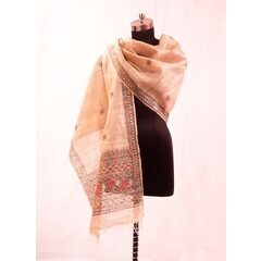 (Beige fish and peacock dance) JEEVIKA Hand Painted Madhubani Tussar Silk Stole