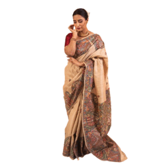 (Ivory Beige) Radha Krishna hand painted Madhubani tussar silk saree