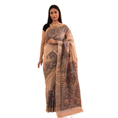 Hand painted Madhubani tussar silk saree Radha Krishna (Beige)