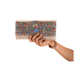 Jute peacock patterns hand painted Madhubani clutch bag